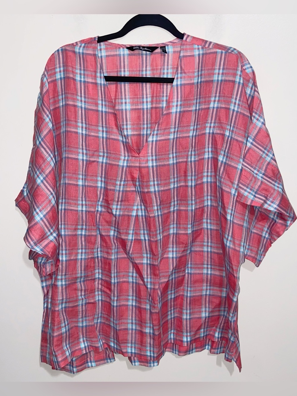 Ulla Popken Top Womens Plus Size 22 Linen Boho Summer Beach Pink Plaid Relaxed